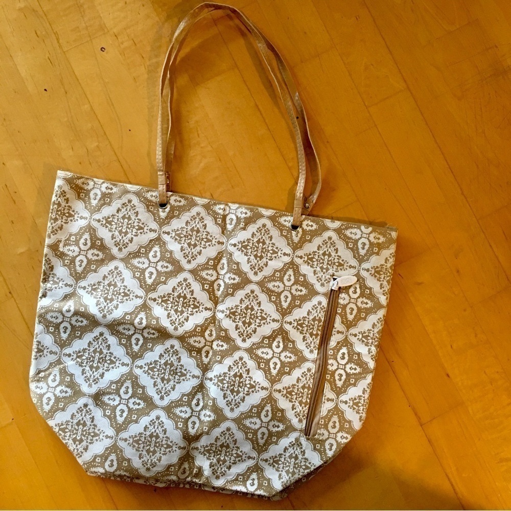 Floral Open Top Tote Bag, Leather Straps, Tan, White